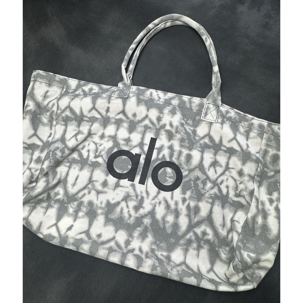 ALO Yoga Gray Tie Dye Canvas Tote Bag Large Shopper Carryall Gym Travel Boho